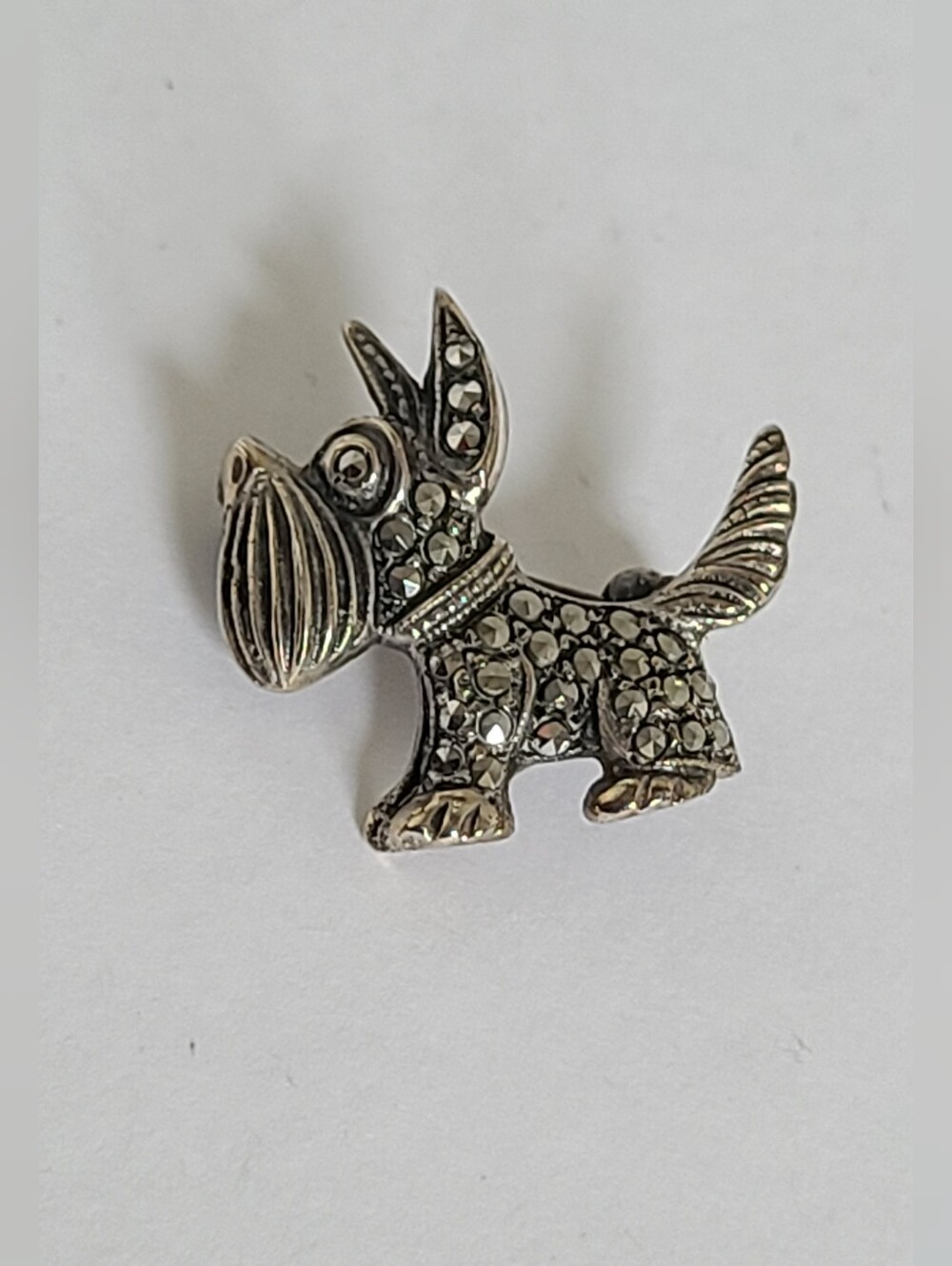 Vintage Art Deco Sterling Silver Marcasite Crystal Scottie Terrier Dog Brooch